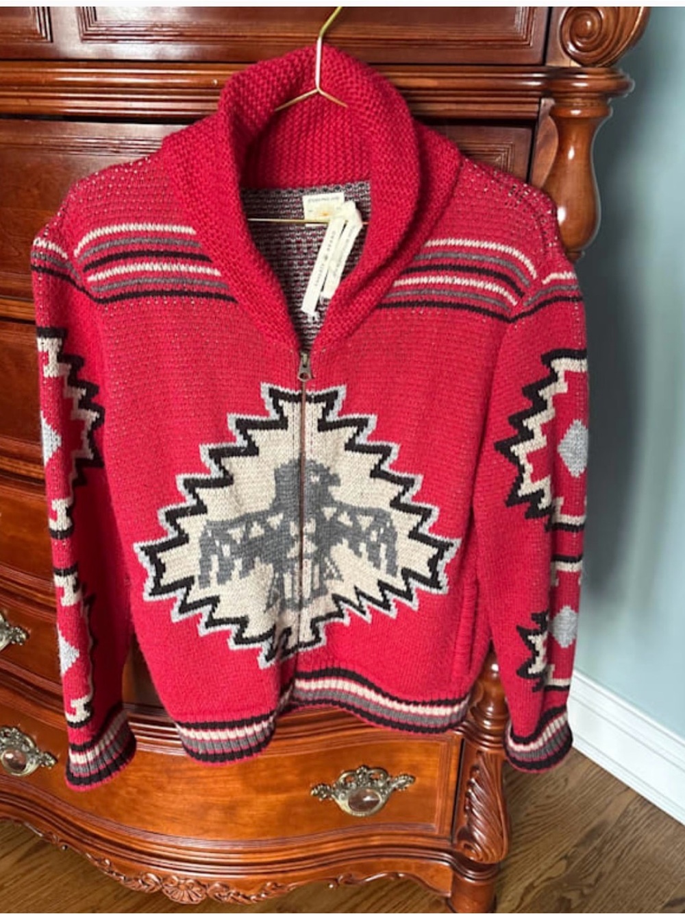 Women’s Faherty Red Shawl Collar Zip Cardigan with Aztec Motif